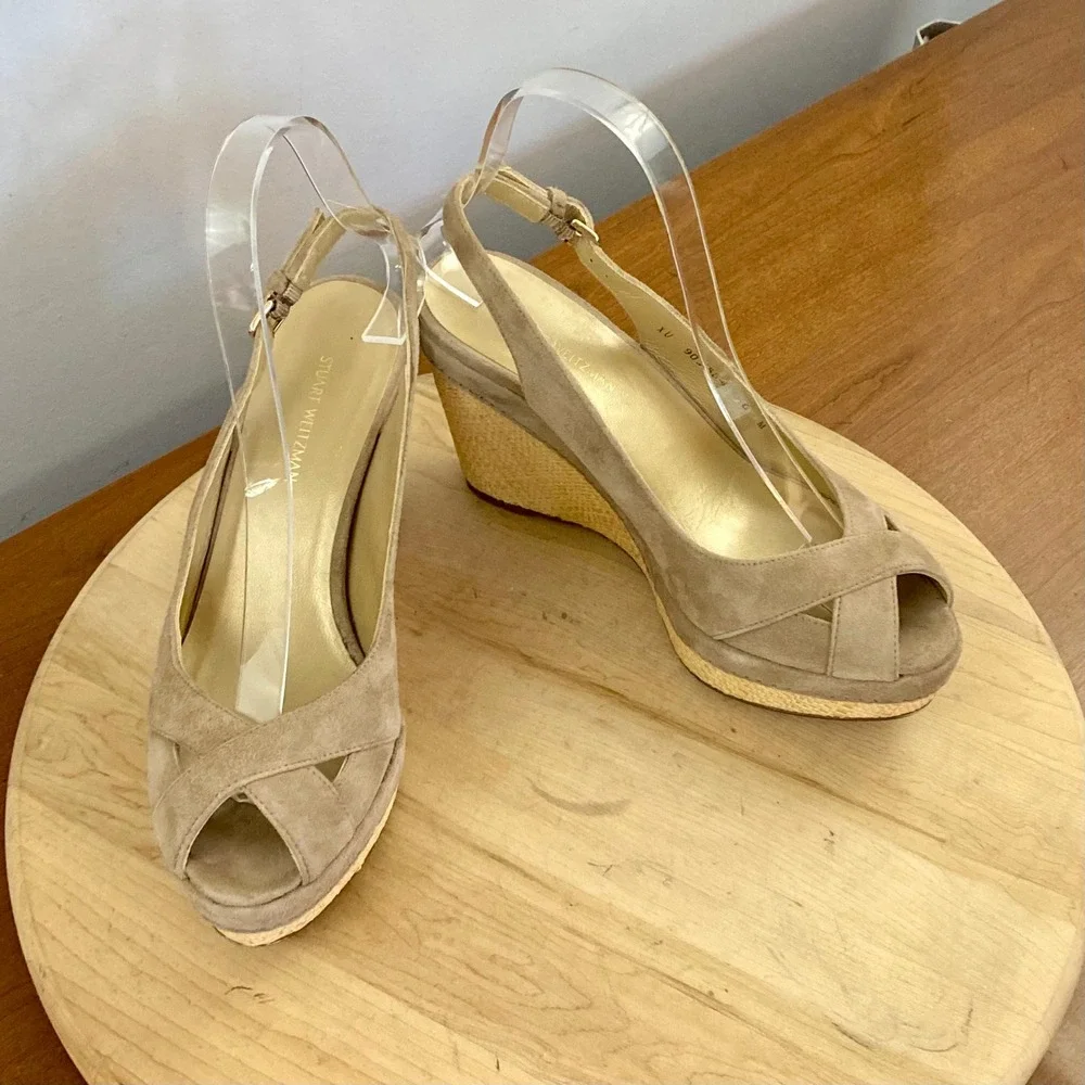 Stuart Weitzman Jean Taupe Suede Slingback Wedge Sandals Womens Sz 6 M Platform